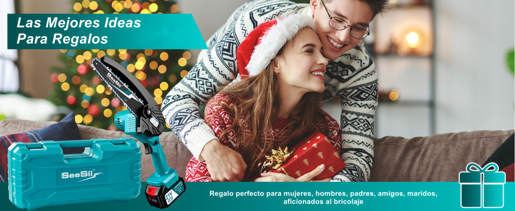 Pareja intercambiando regalos de Navidad con una sierra de cadena eléctrica SeeSii como sugerencia de regalo.